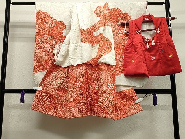 平和屋1■七五三　女の子　3歳　祝着・長襦袢・被布セット　駒刺繍　絞り　流水牡丹花文　逸品　CAAH8501gh