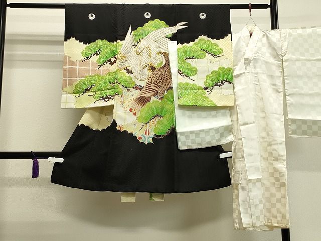 平和屋着物■男の子　祝着　産着　初着　長襦袢セット　のしめ　お宮詣り　刺繍　鷹　雲取り松文　金糸　洗える着物　CAAH8489gh