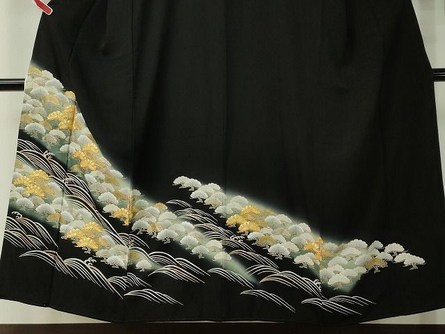  flat peace shop kimono # gorgeous kurotomesode piece embroidery . wave branch pine writing .. dyeing gold silver . excellent article CAAH6485ch