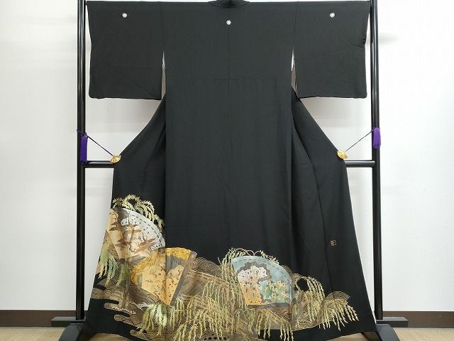 平和屋着物■豪華黒留袖　作家物　渡り橋檜扇飛鶴花松文　金銀彩　逸品　CAAI2462fb