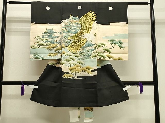 平和屋着物■男の子　祝着　産着　初着　長襦袢セット　のしめ　お宮詣り　手描き　刺繍　鷹　風景松文　金銀糸　逸品　CAAH8492gh