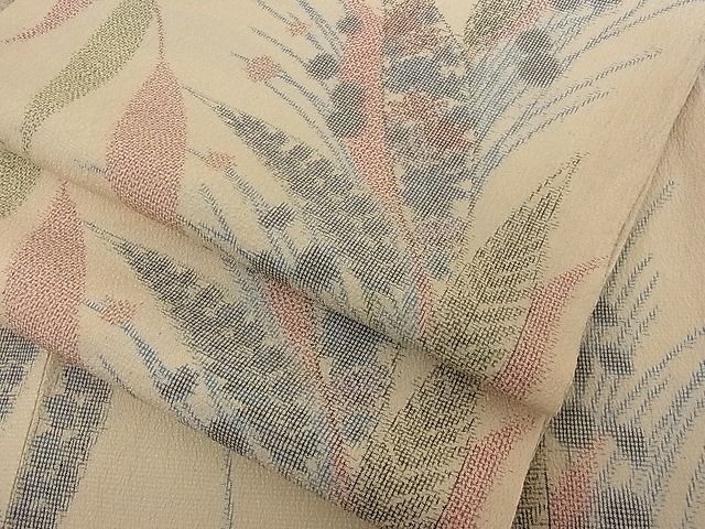 平和屋着物■本塩沢　単衣　枝葉文　着丈148.5cm　裄丈62.5cm　正絹　逸品　B-np4450