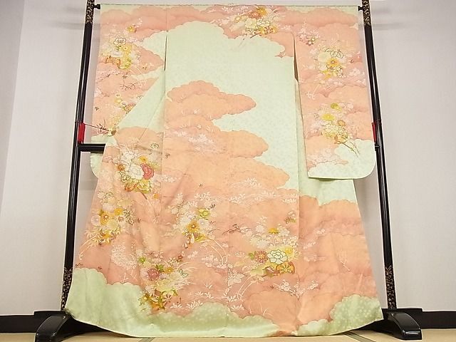 平和屋着物■豪華振袖　駒刺繍　雲重ね花車文　金糸　着丈166cm　裄丈64.5cm　正絹　逸品　A-bw4103