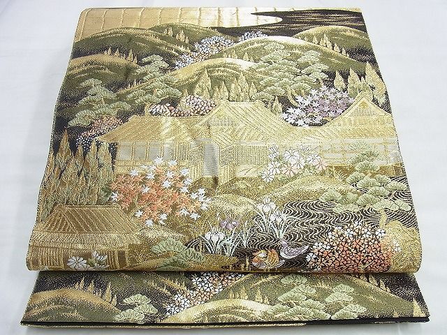 平和屋着物■西陣　服部織物謹製　六通柄袋帯　唐織　京名所風景文　黒地　金糸　逸品　BAAJ1364du