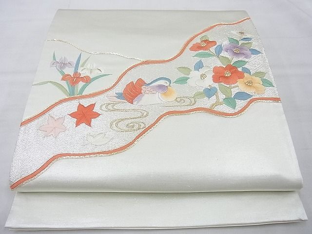 平和屋着物◎佐賀錦 太鼓柄袋帯 総刺繍 駒刺繍 流水鴛鴦花文 金