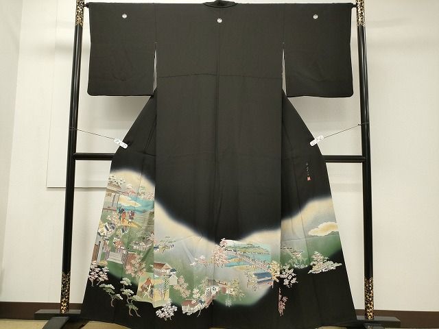 平和屋着物■豪華黒留袖　作家物　手描き　姿　五十三次　金糸　逸品　CAAH9638ev