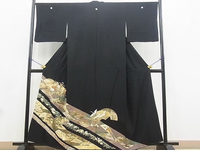 平和屋着物■豪華黒留袖　駒刺繍　地紙花文　金彩　逸品　BAAI7535jx