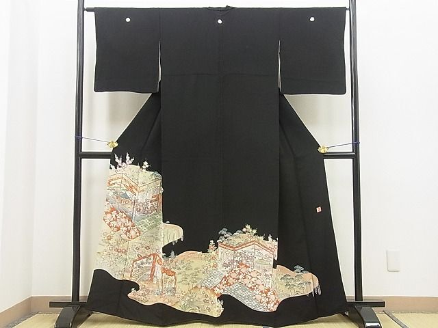 平和屋着物■豪華黒留袖　友禅　作家物　屛風風景花文　金彩　逸品　BAAJ3393hz
