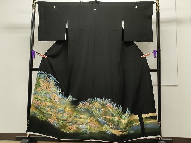 平和屋着物■豪華黒留袖　手描き　人物風景文　暈し染め　金彩　逸品　CAAH4285id