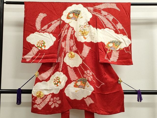 平和屋着物■女の子　祝着　産着　初着　のしめ　お宮詣り　総刺繍　駒刺繍　絞り　扇面吉祥草花文　逸品　CAAI4151ze