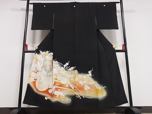 平和屋着物■豪華黒留袖　刺繍　花車文　暈し染め　金銀彩　着丈153cm　裄丈61cm　正絹　逸品　B-ag3792