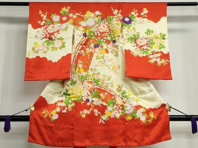 平和屋着物■女の子　祝着　産着　初着　のしめ　お宮詣り　駒刺繍　渡橋花文　金彩　逸品　CAAI3325ut