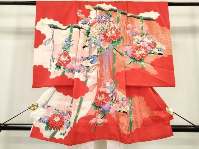 平和屋着物■女の子　祝着　産着　初着　のしめ　お宮詣り　駒刺繍　鞠　扇面花文　金彩　逸品　DAAG7458ma