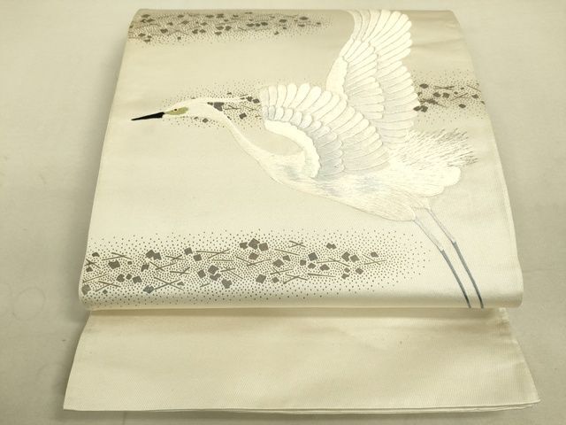 平和屋着物■太鼓柄袋帯　総刺繍　白鷺　銀彩　逸品　DAAI4732du
