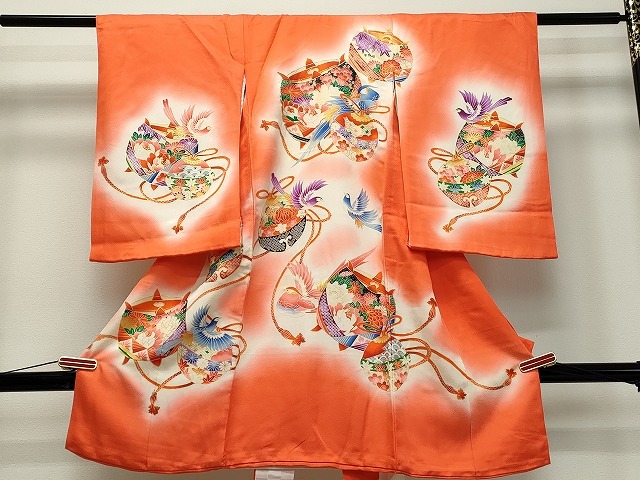 平和屋着物■女の子　祝着　産着　初着　のしめ　お宮詣り　駒刺繍　糸車花鳥文　金彩　逸品　DAAJ2085ud