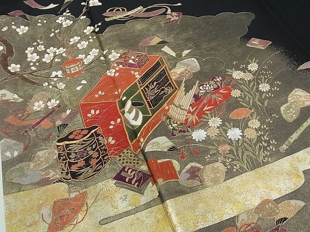 平和屋着物■豪華黒留袖　駒刺繍　枝梅　器物花文　金彩　逸品　cf2470