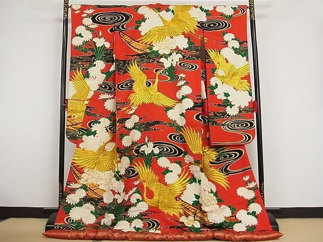 平和屋着物■極上　駒刺繍　渡り船流水飛鶴花文　金彩　金糸　正絹　逸品　AAAE6282Abr