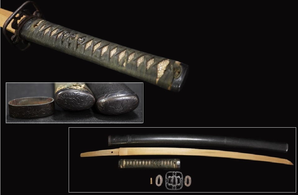 D4981-1 時代武具 脇差拵え 鮫研出鞘 竹光入 [赤銅毛彫唐草図 縁/頭/鐺金具] [鉄地 半角型 透鍔] [赤銅地 獅子図 両目貫] [切羽] 刀装品