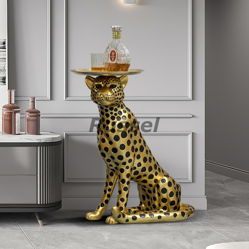 オブジェ ヒョウ トレイ付き おしゃれ かわいい インテリア 置物 動物 アニマル 彫刻 装飾品 玄関 豹 黒 白 ブラック ゴールド ホワイト