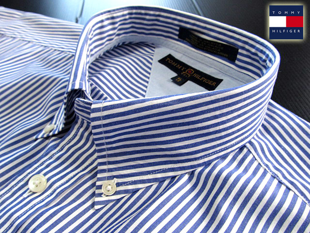 ★美品 トミーヒルフィガー TOMMY HILFIGER ボタンダウンシャツ 長袖 XLサイズ 希少品 クールストライプ ブルー×ホワイト