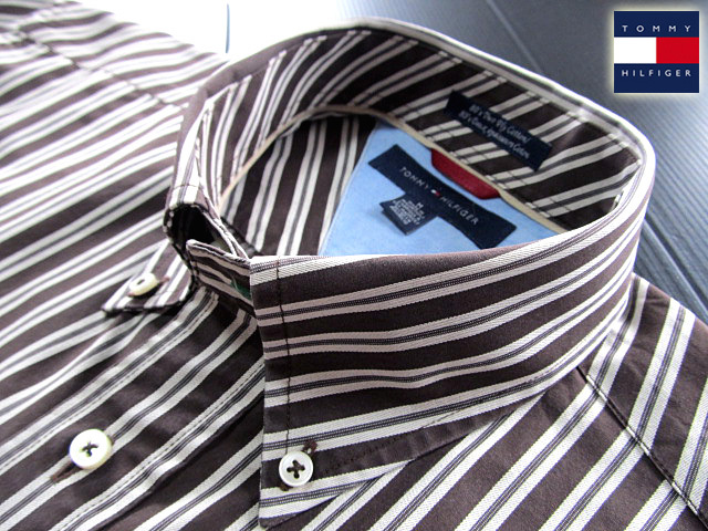 ★美品 トミーヒルフィガー TOMMY HILFIGER ボタンダウンシャツ 長袖 Lサイズ 希少品 マルチストライプ カーキブラウン×ブラック