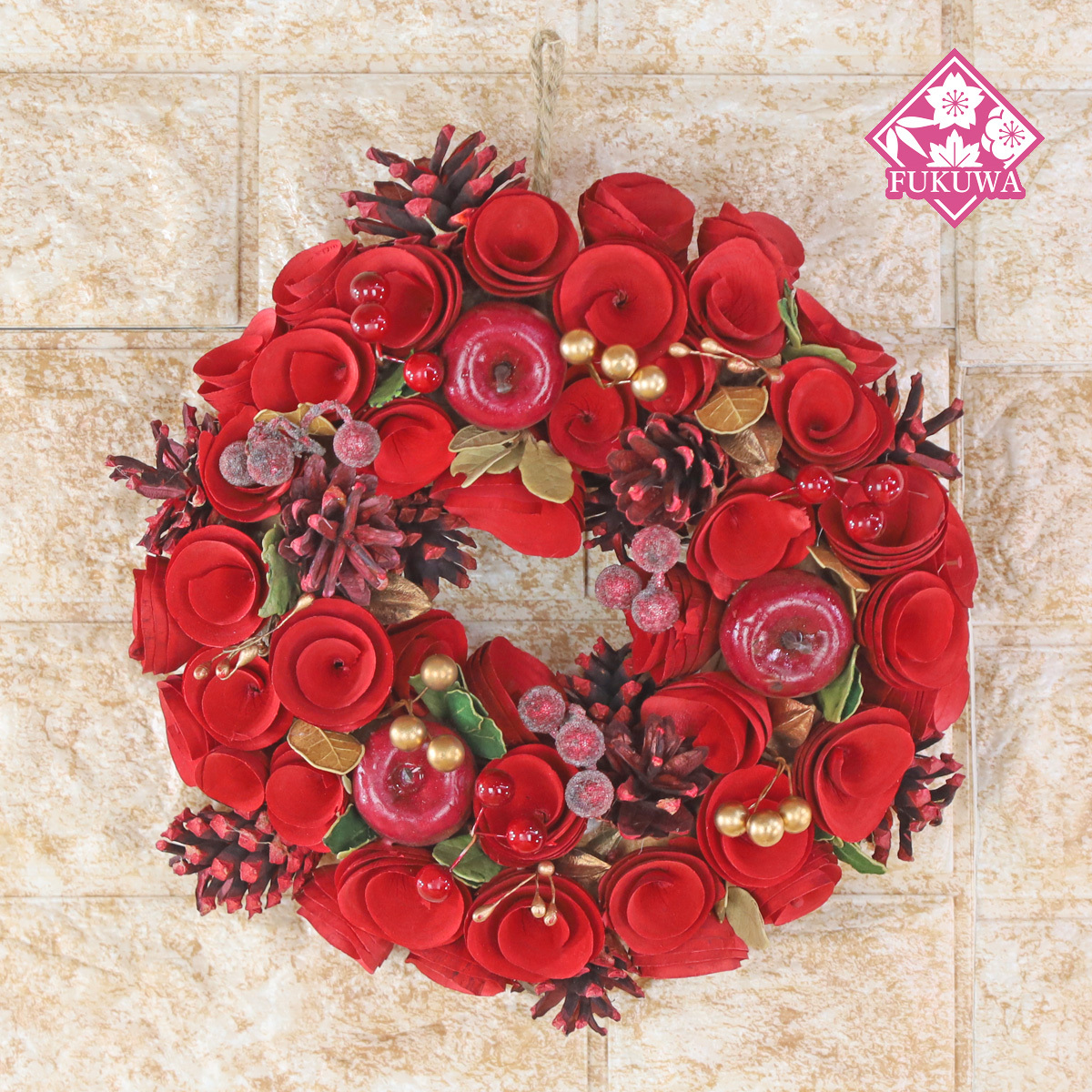 クリスマスリース 壁掛け 飾り (Wreath Red-GoldBerry Leaf S R7-Xmas-633)おしゃれ かわいい コンパクト 玄関 北欧