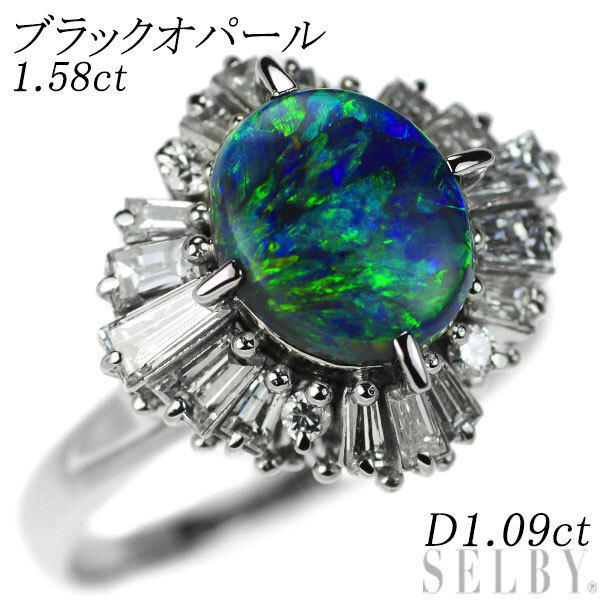 お歳暮 人気 Pt900 ブラックオパール D1.09ct 1.58ct リング ダイヤモンド オパール