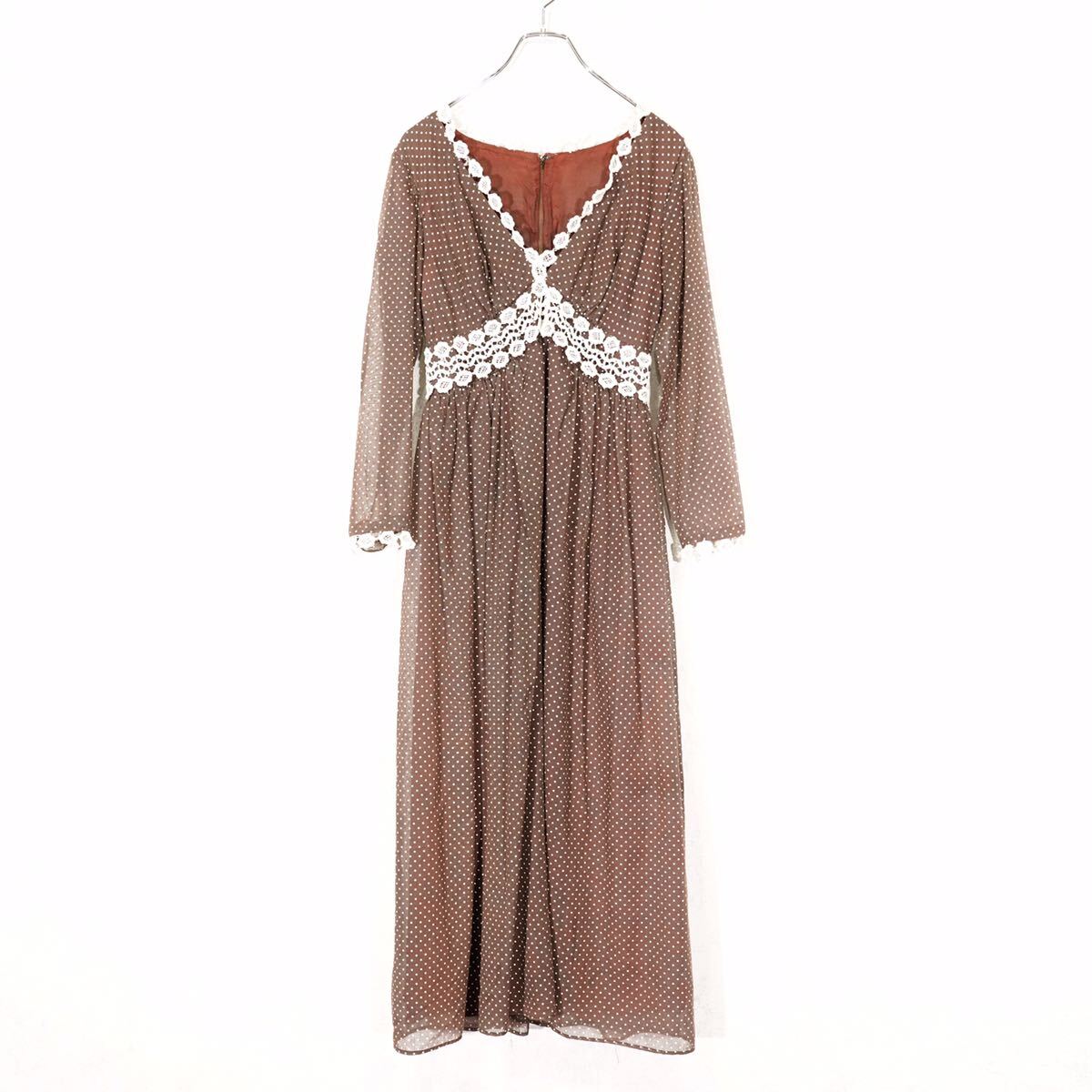 70's USA VINTAGE DOT PATTERNED LACE DESIGN SHEER ONE PIECE/70年代アメリカ古着ドット柄レースデザインシアーワンピース