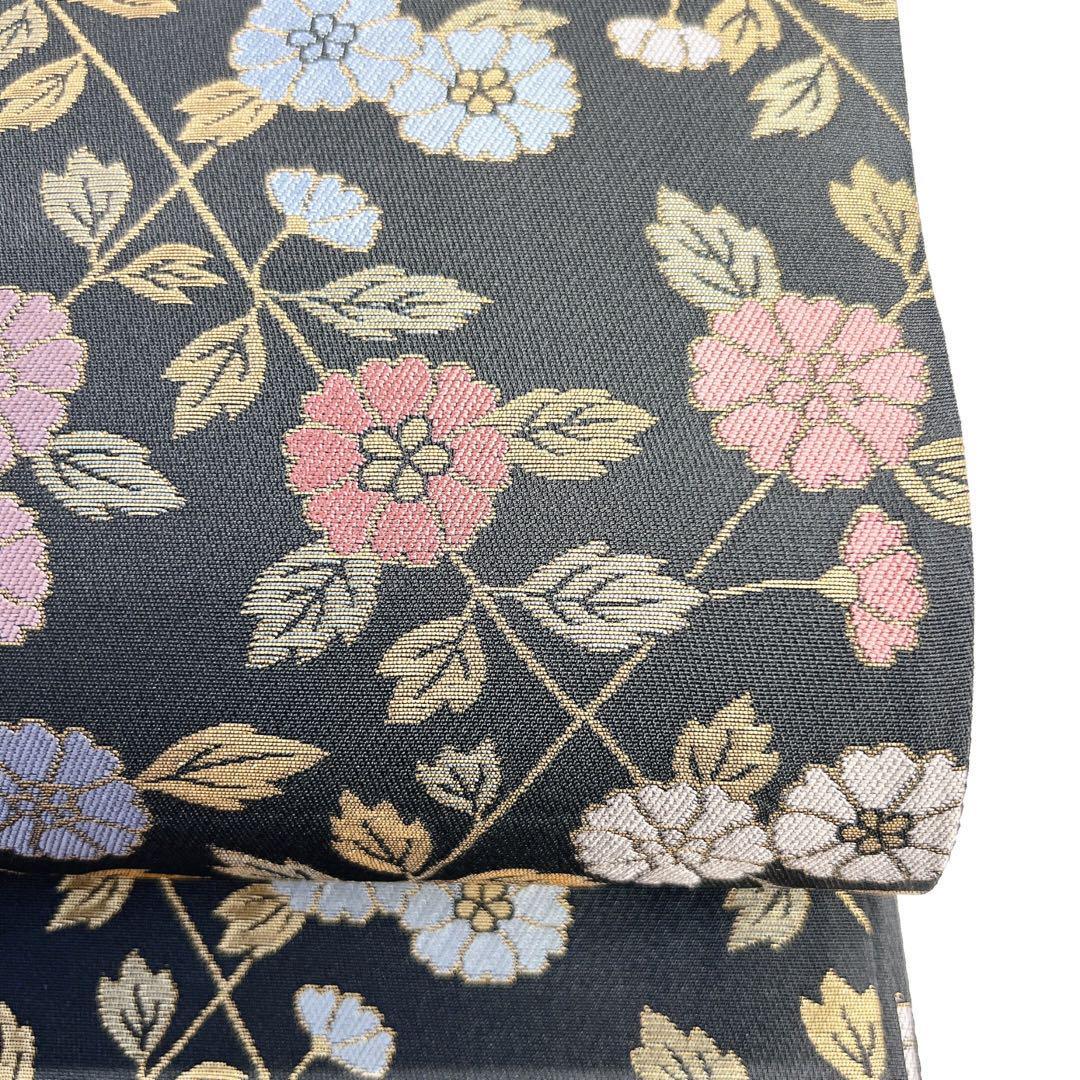 袋帯全通花模様菱ダークグレー着物093w o