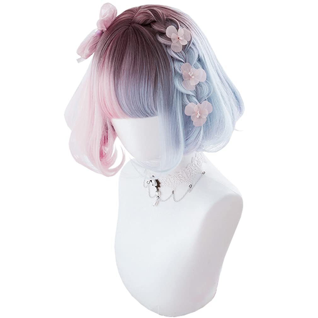 小顔 お姫 パーティー ゆめかわいい 森ガール ボブ 仮装 メッシュ 水色） （ピンク 日常 左右色違い 耐熱 ゴスロリ かつら
