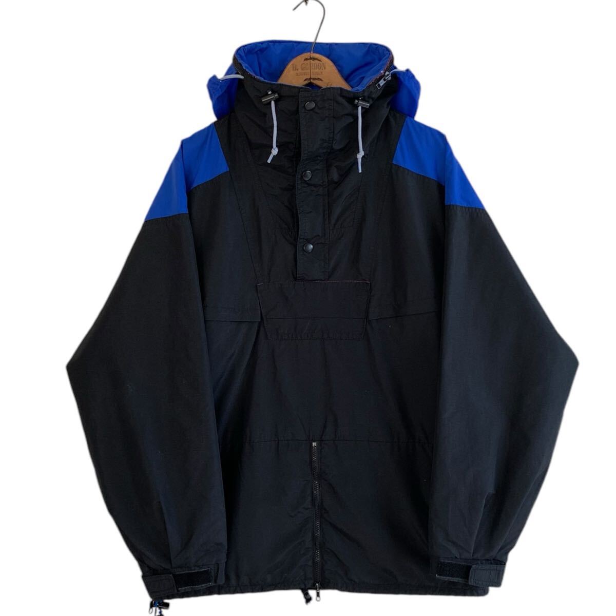 90's Columbia Radial sleeve ナイロン アノラックパーカー M ブラック×ブルー ハーフジップ プルオーバー ジャケット ビンテージ
