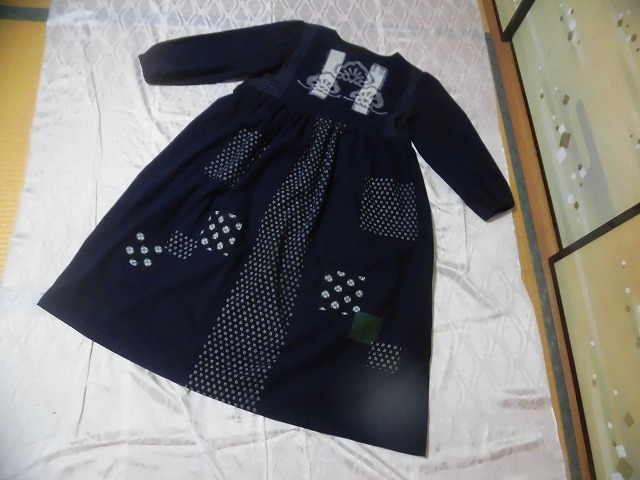 ★着物リメイク　書生絣　ウエスト切り替えギャザーワンピ　綿絣　襤褸　ハンドメイド★