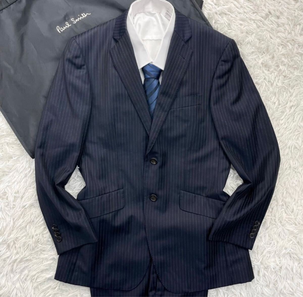 極美品! ポールスミス × ゼニア【定価約12万】Paul Smith Zegna スーツ セットアップ ストライプ 紺色 ネイビー M ウール 高級感◎