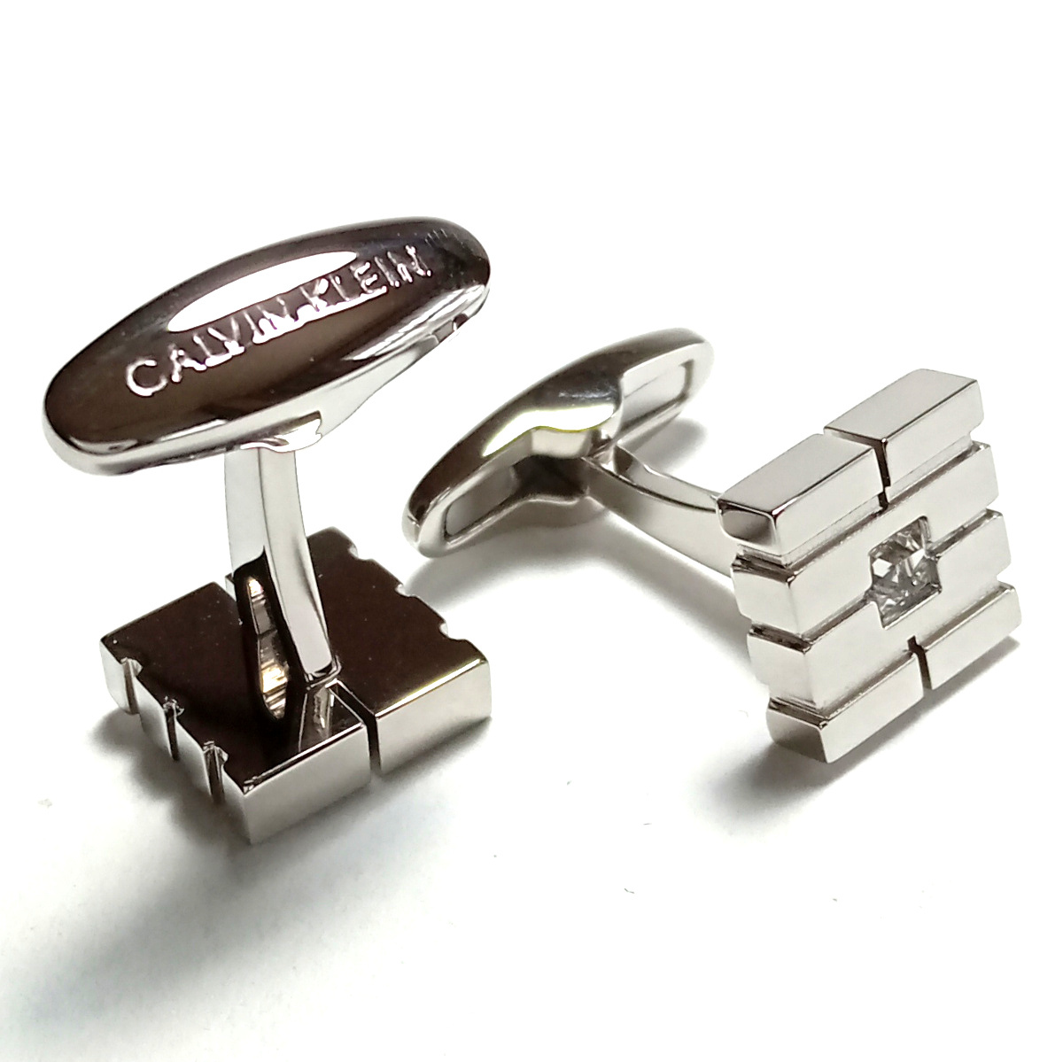 【ckc2】CALVIN KLEIN CKカルバンクライン カフス カフリンクス シルバー×クリアストーン スクエア 新品_画像3