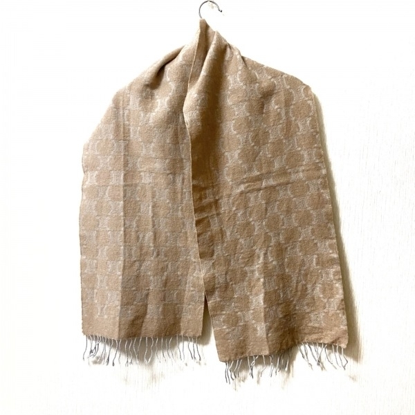 セリーヌ CELINE ウール ベージュ×グレーベージュ フリンジ/マカダム柄 マフラー