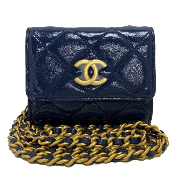 シャネル CHANEL マトラッセ ネイビー チェーンクラッチウォレット/ヴィンテージゴールド金具/ココメダル ランダムシリアル 美品 財布