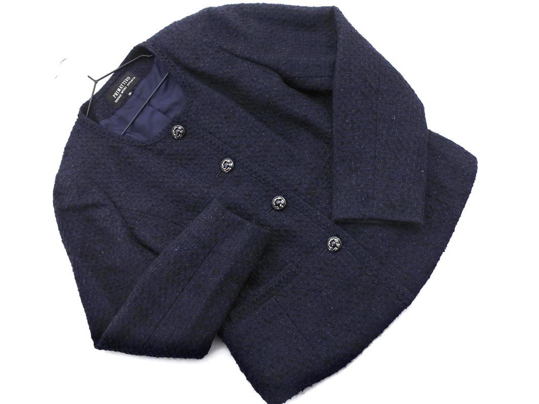 PRIMATTIVO HANAE MORI プリマティーボ ハナエモリ ウール混 ツイード ノーカラー ジャケット size38/濃紺 ◇■ ☆ eja3 レディース