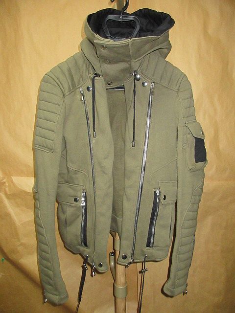 バルマン　オム　BALMAIN 　カーキ バイカー スウェット フード ライダース ジャケット　XS 国内正規品