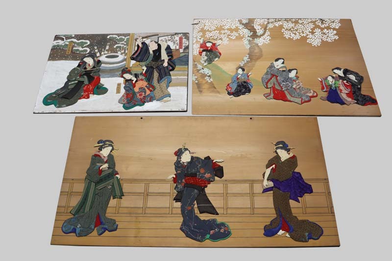 ■即決■ 明治初期 押絵板 3枚 ■ 山名屋浦里 禿みとり 芝居絵 押し絵 押絵雛