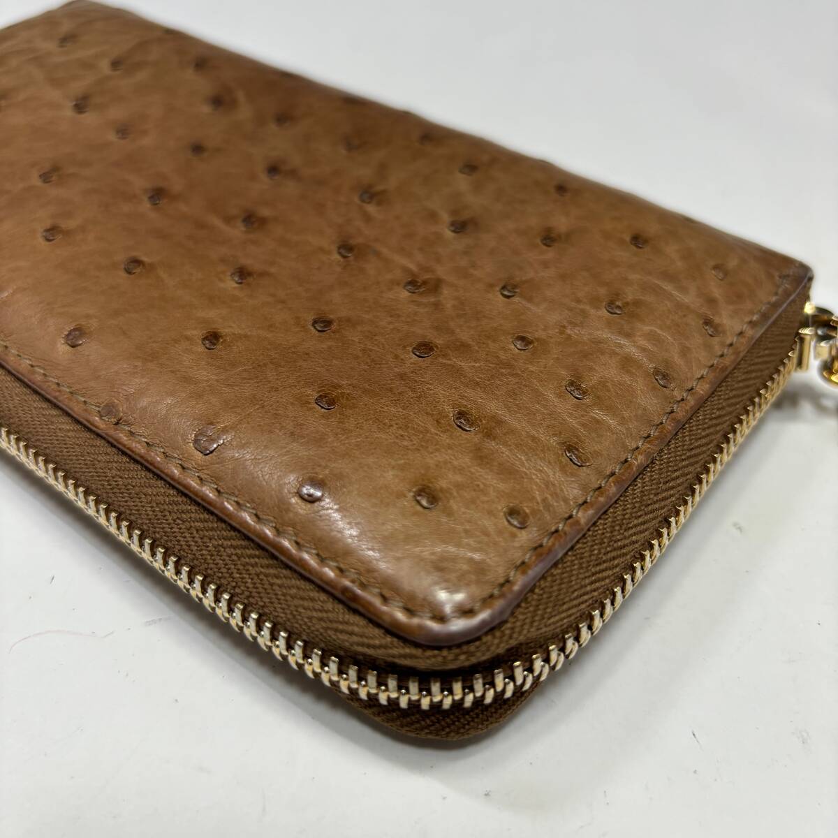 狀態(tài)良【グッチ/GUCCI本物】ラウンドファスナー長財布/オーストリッチ本革/レザー/ブラウン/バンブー【P49M