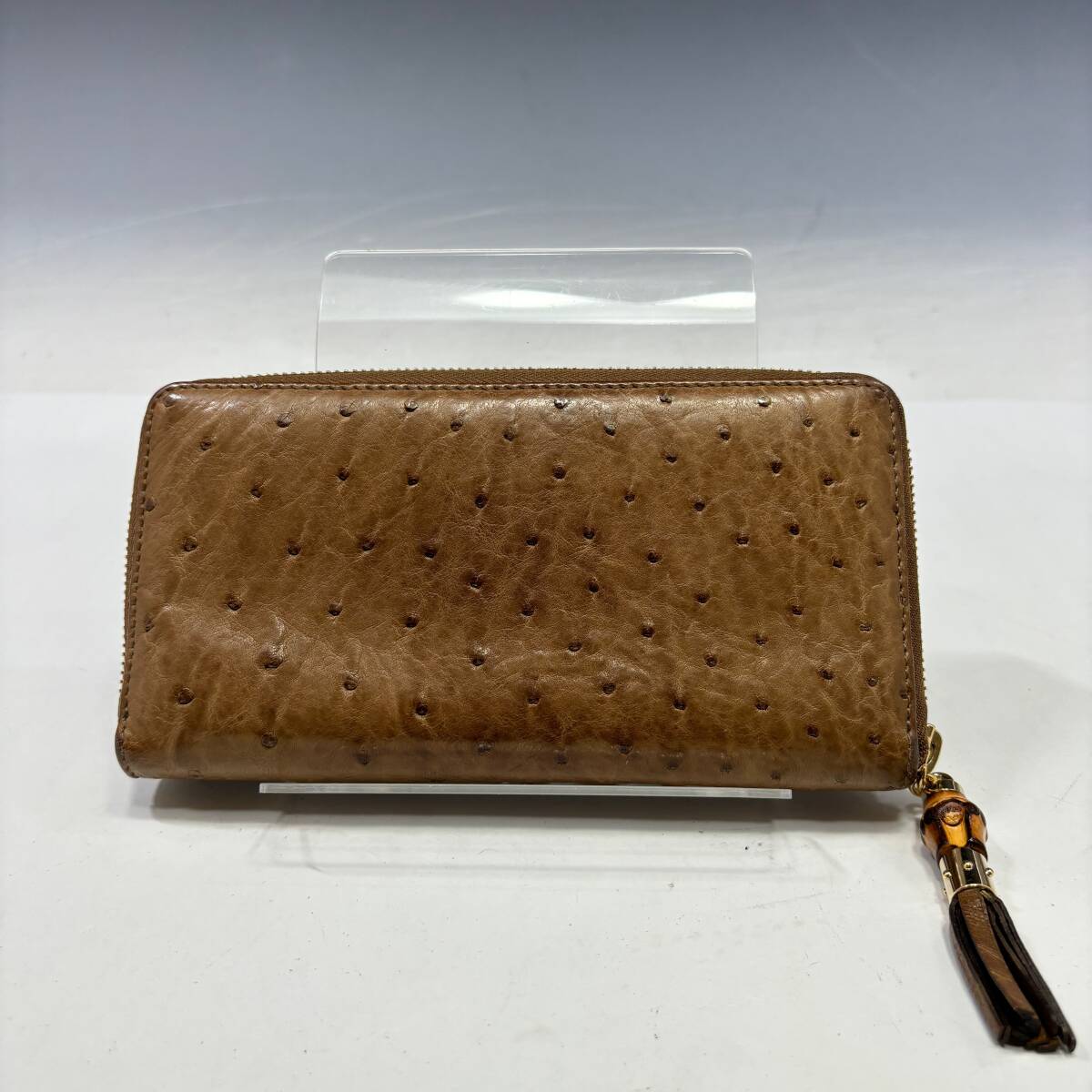 狀態(tài)良【グッチ/GUCCI本物】ラウンドファスナー長財布/オーストリッチ本革/レザー/ブラウン/バンブー【P49M