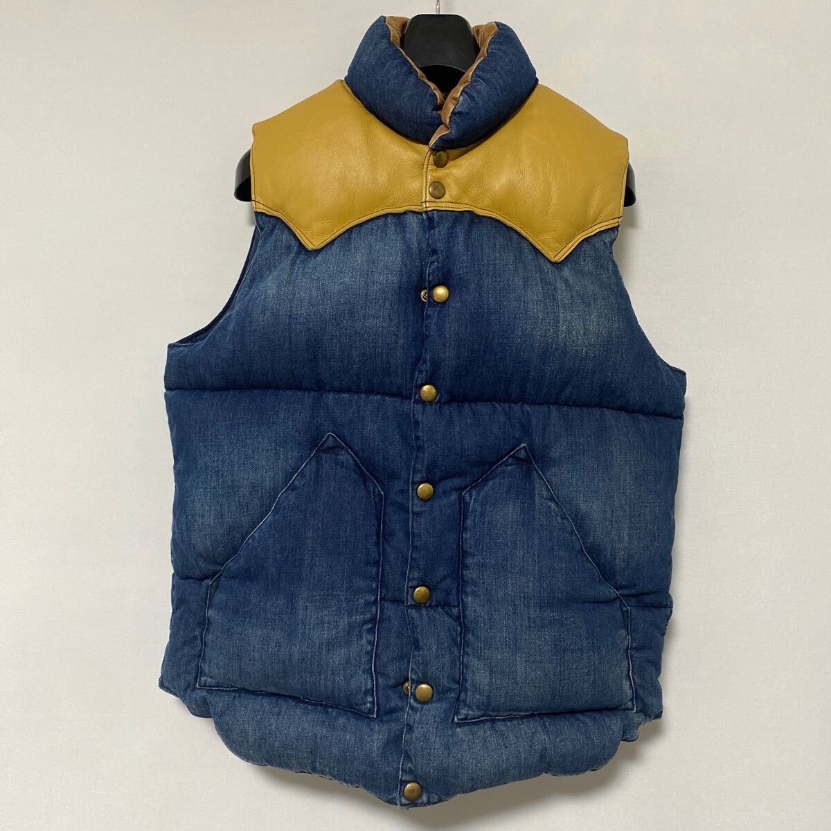 美品 Rocky Mountain 加工 デニム レザー ダウン ベスト 38 
