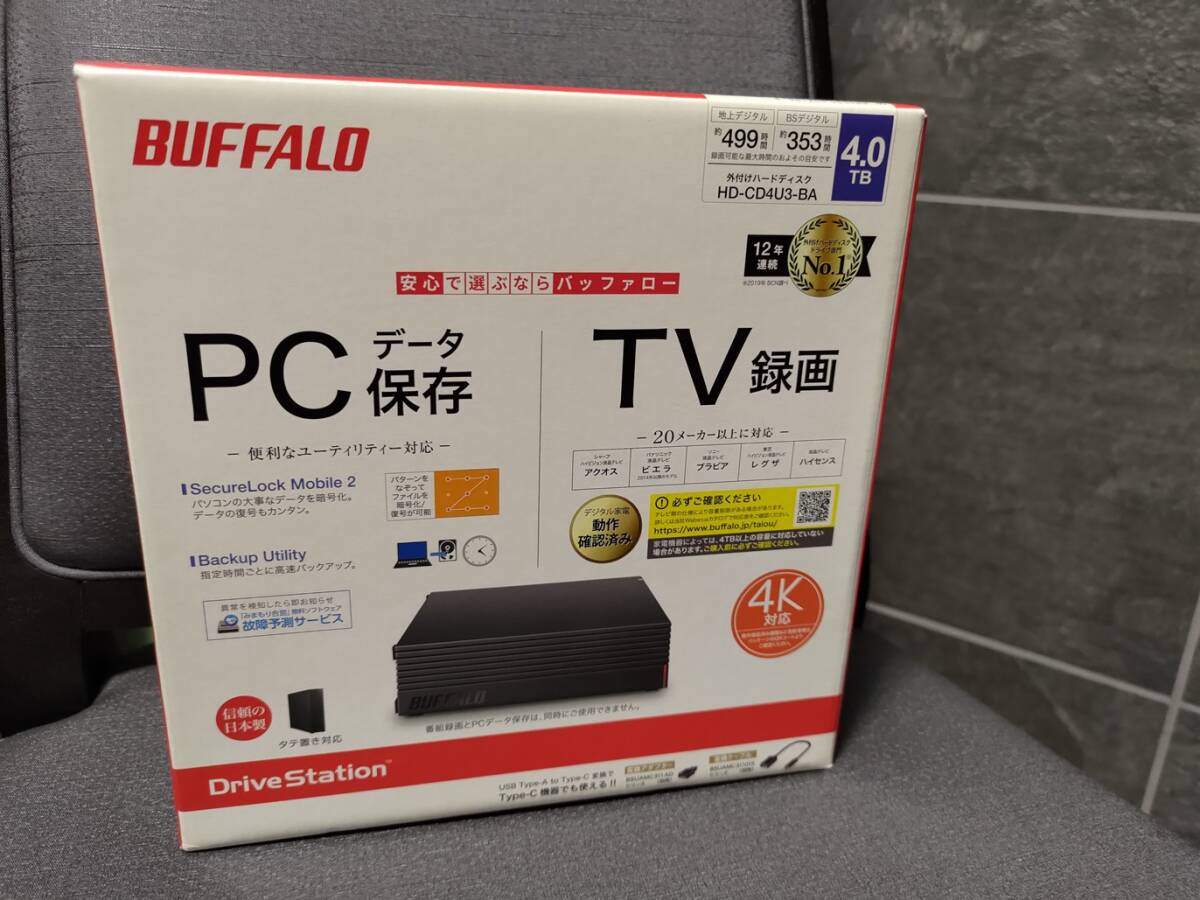 【中古美品】Buffalo 外付HDD HD-CD4U3-BA 4.0TB USB3.2【データ用・TV用】