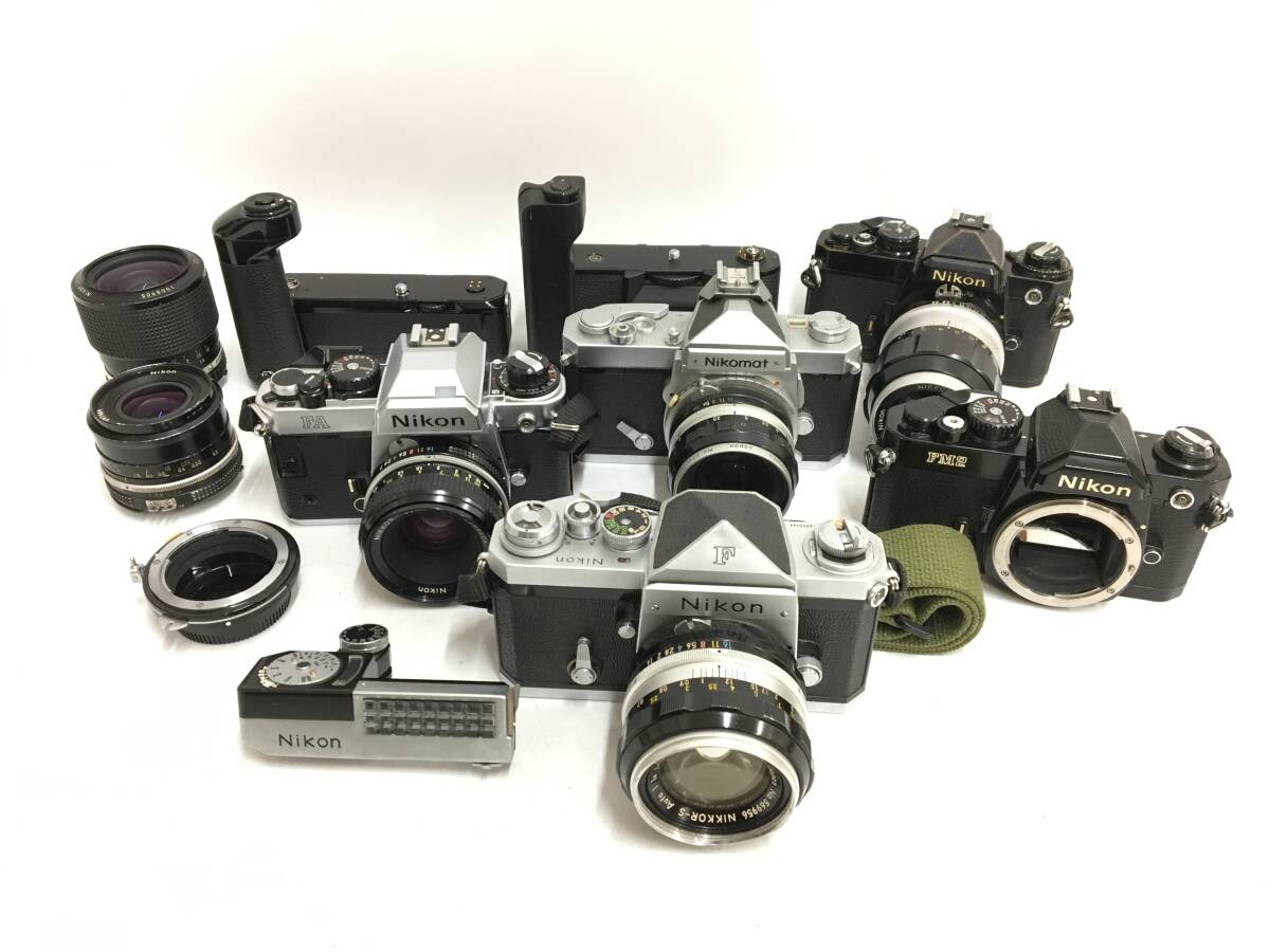 ☆ Nikon フィルム一眼レフカメラ まとめ 3 ☆ F + FM2 N + FA + FE + Nikomat FT + MD-4 + MD-12 他 レンズ6本 ニコン