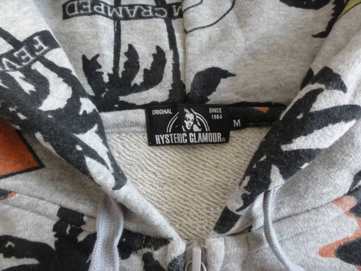 美品 HYSTERIC GLAMOUR MONDO PARADISE柄 パーカー グレー Mサイズ 02211CF01
