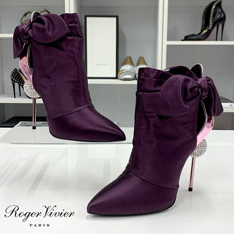M10704 ロジェヴィヴィエ サテン レザ－ ミラーボール リボン ラインストーン ショートブーツ パープル_画像1