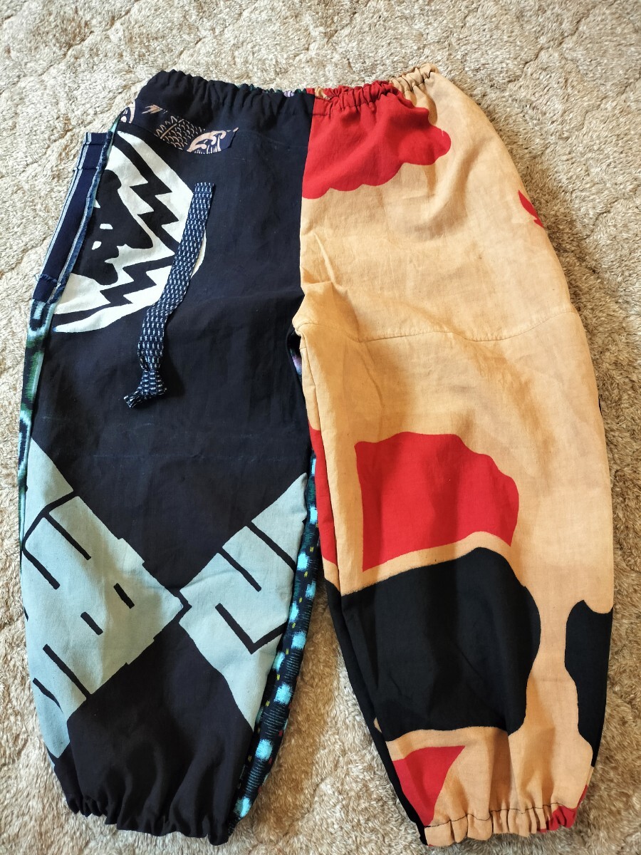 古布着物リメイク583★アンティーク木綿藍染はんてん　大漁旗柿渋染　絣　縞　ビンテージレトロダボパンツ