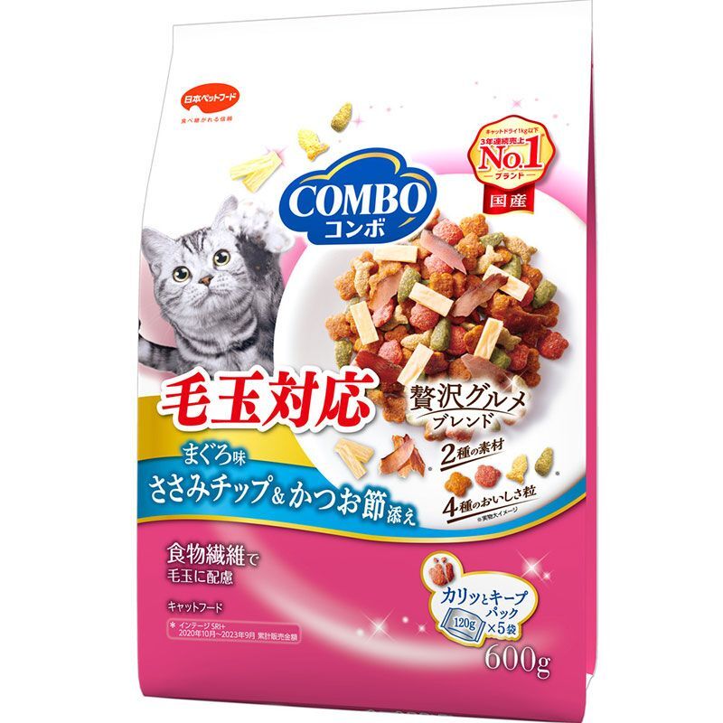 日本ペットフード コンボ キャット 毛玉対応 まぐろ味?ささみチップ?かつお節(jié)添え600g 貓用フード