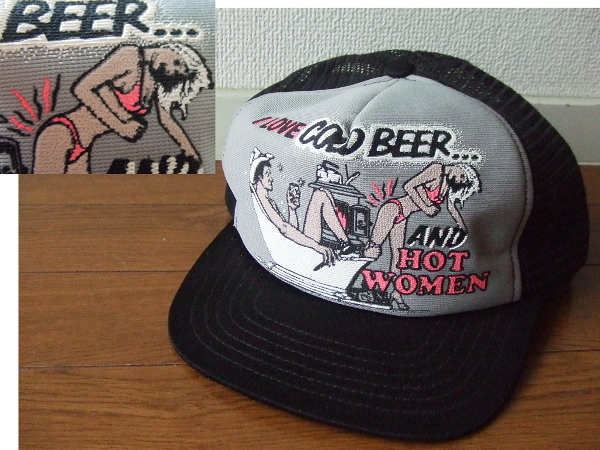 USA製ビンテージ★メッシュキャップ★エロプリント黒　80s90sアメリカ製made発泡プリントbudビールbeerヌード水着ビキニギャルinカウボーイ