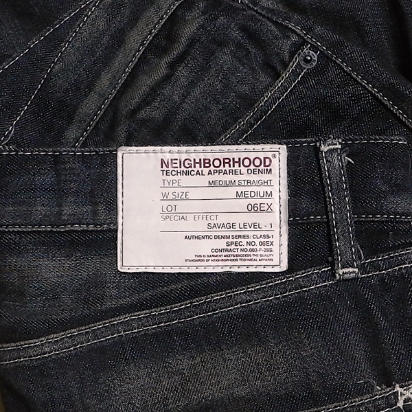 NEIGHBORHOOD ネイバーフッド ユーズド加工 06ex デザイン ストレート デニム パンツ ジーンズ 耳付き セルビッチ インディゴ 黒 M